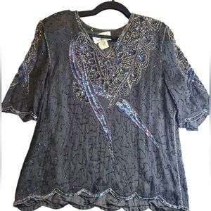 In-fashions Vintage Elegant Black Beaded Women's Top Size Large
